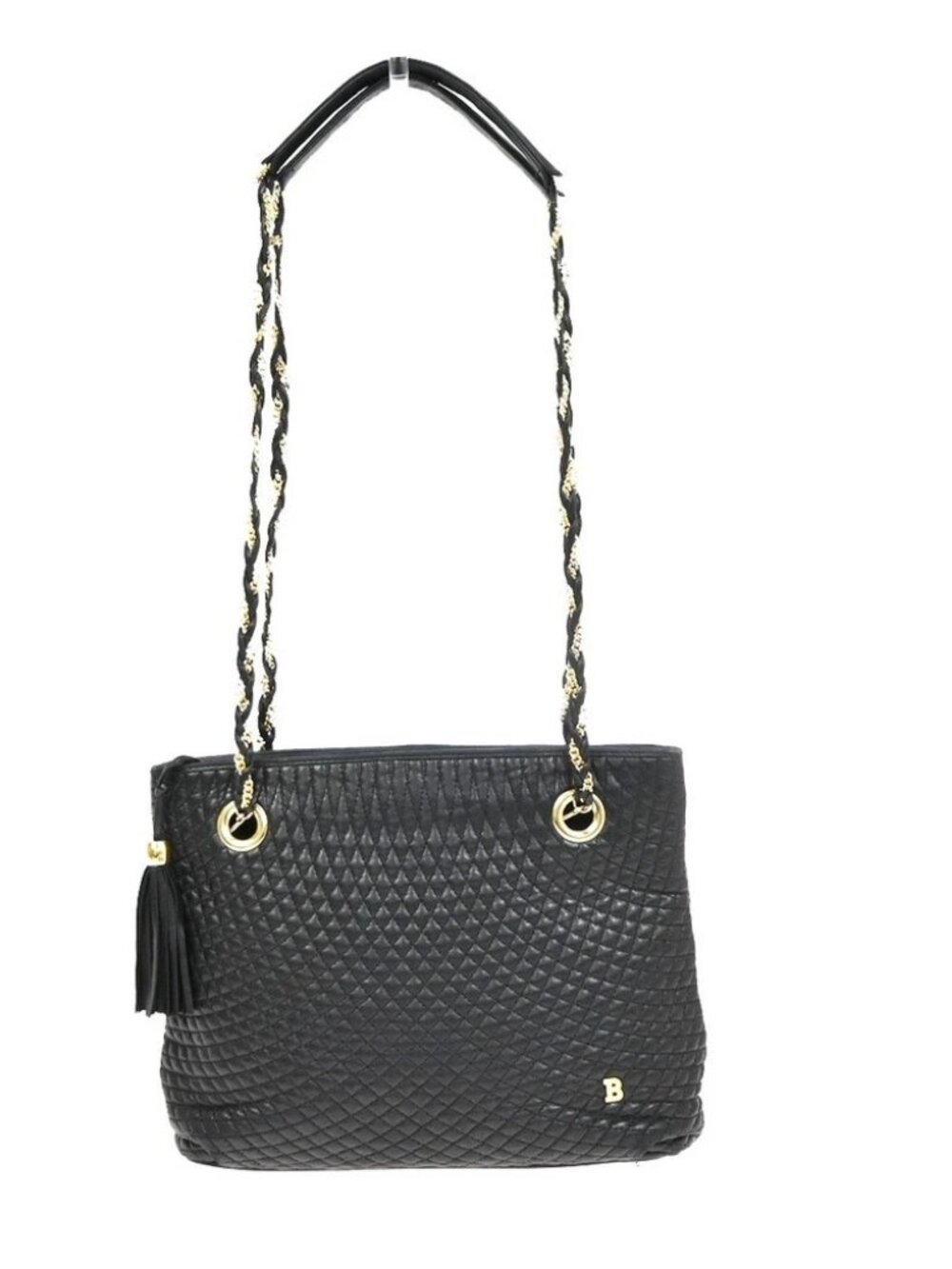 BALLY B Logo Quilted Chain Shoulder Bag Leather Black GHW Switzerland 01CA846